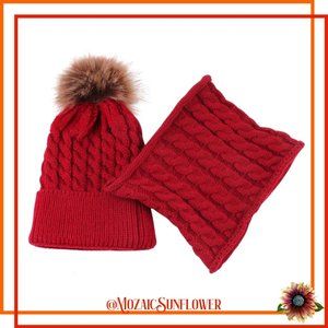 NEW Toddler 2 Piece Hand Cable Knit Red Hat Faux Fur Pompon and Collar Scarf